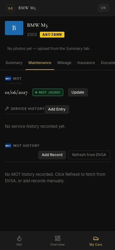 MotorLedger MOT history tracker showing full DVSA test history with pass, fail, and advisory details