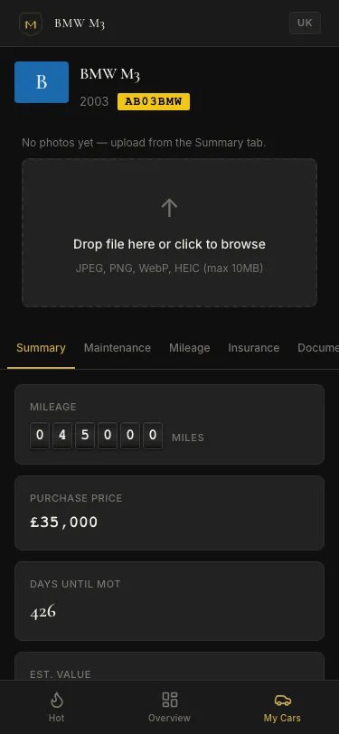 MotorLedger vehicle summary showing car details, MOT status, and insurance information