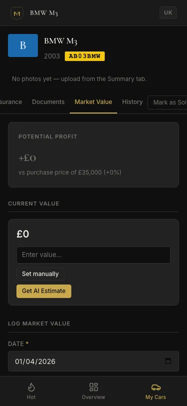 MotorLedger car value tracker showing purchase price, current market value, and AI valuation estimate
