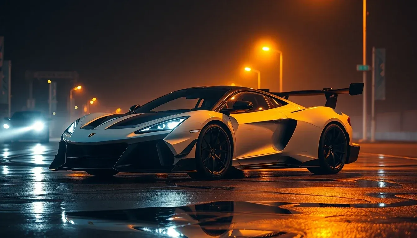 Contemporary supercar on wet tarmac at night, warm amber street lighting — a collector's instrument in motion